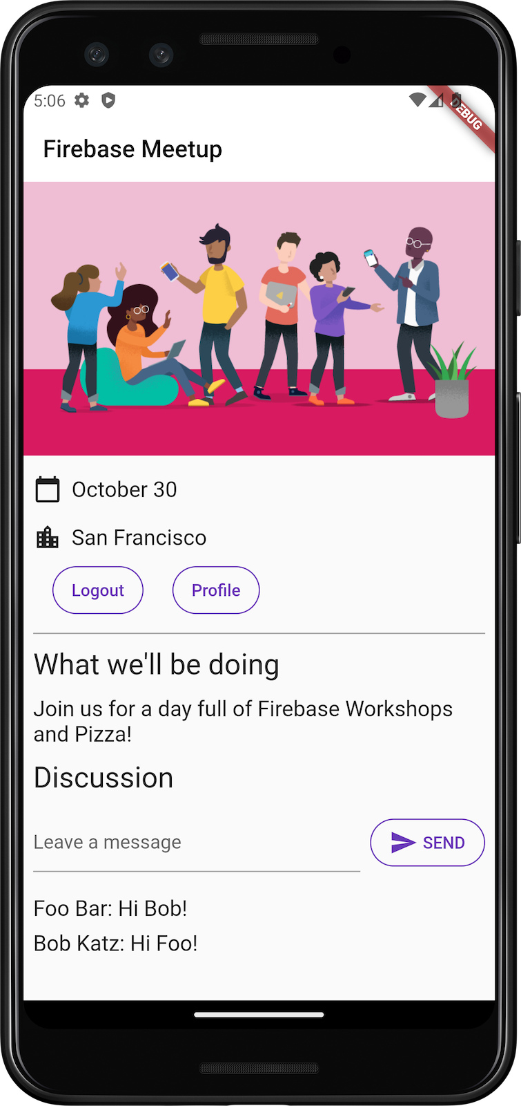 Der Startbildschirm der App auf Android mit Chat-Integration