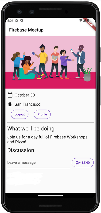 Écran d'accueil de l'application sur Android avec l'intégration du chat