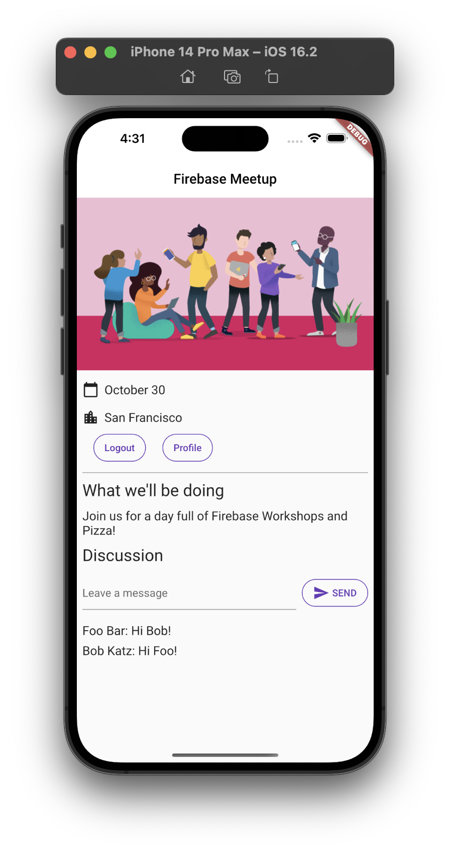 A tela inicial do aplicativo no iOS com integração de chat