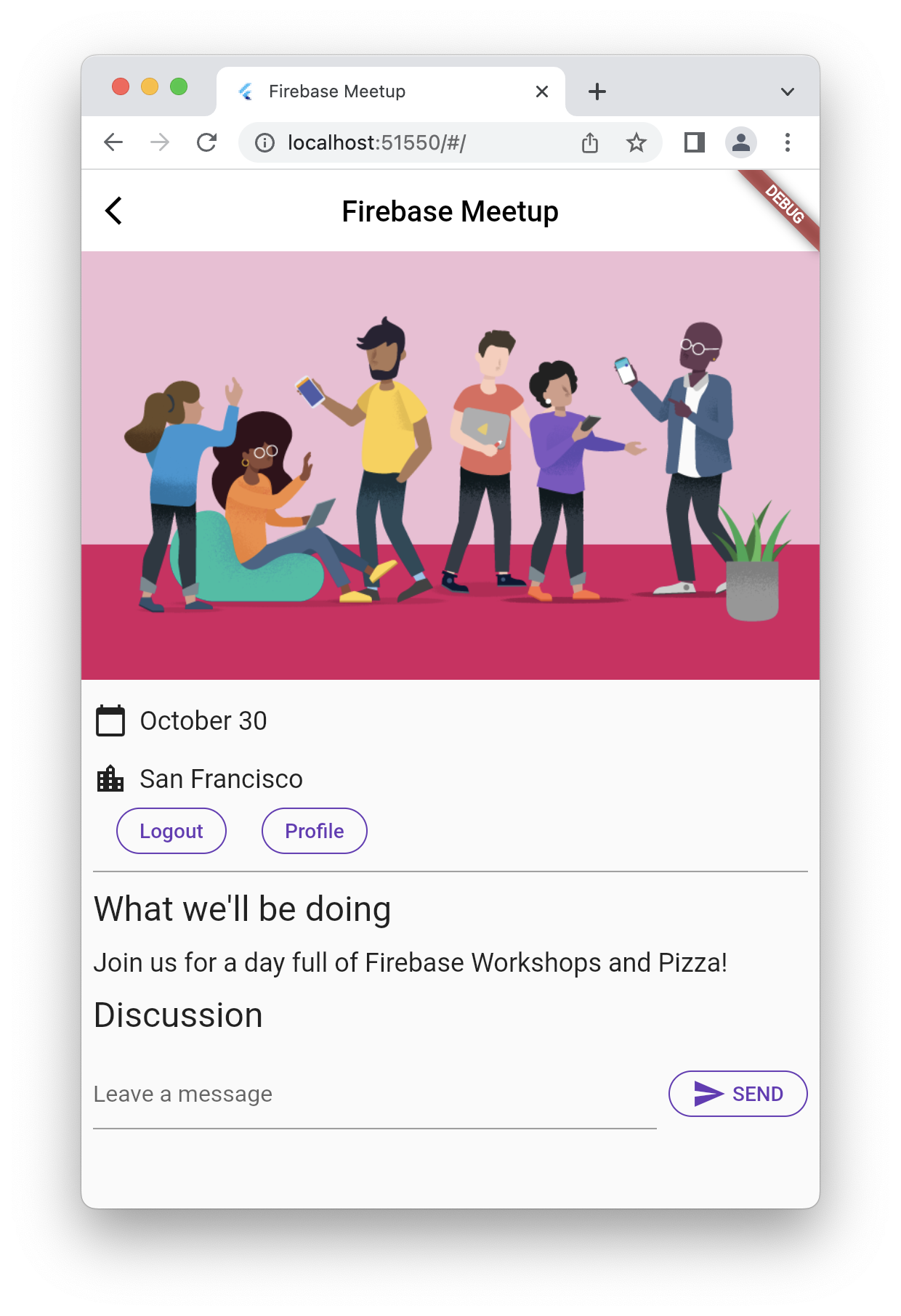 Écran d&#39;accueil de l&#39;application sur le Web avec l&#39;intégration du chat