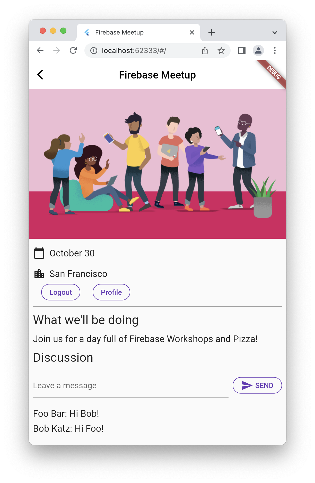 Écran d&#39;accueil de l&#39;application sur le Web avec l&#39;intégration du chat