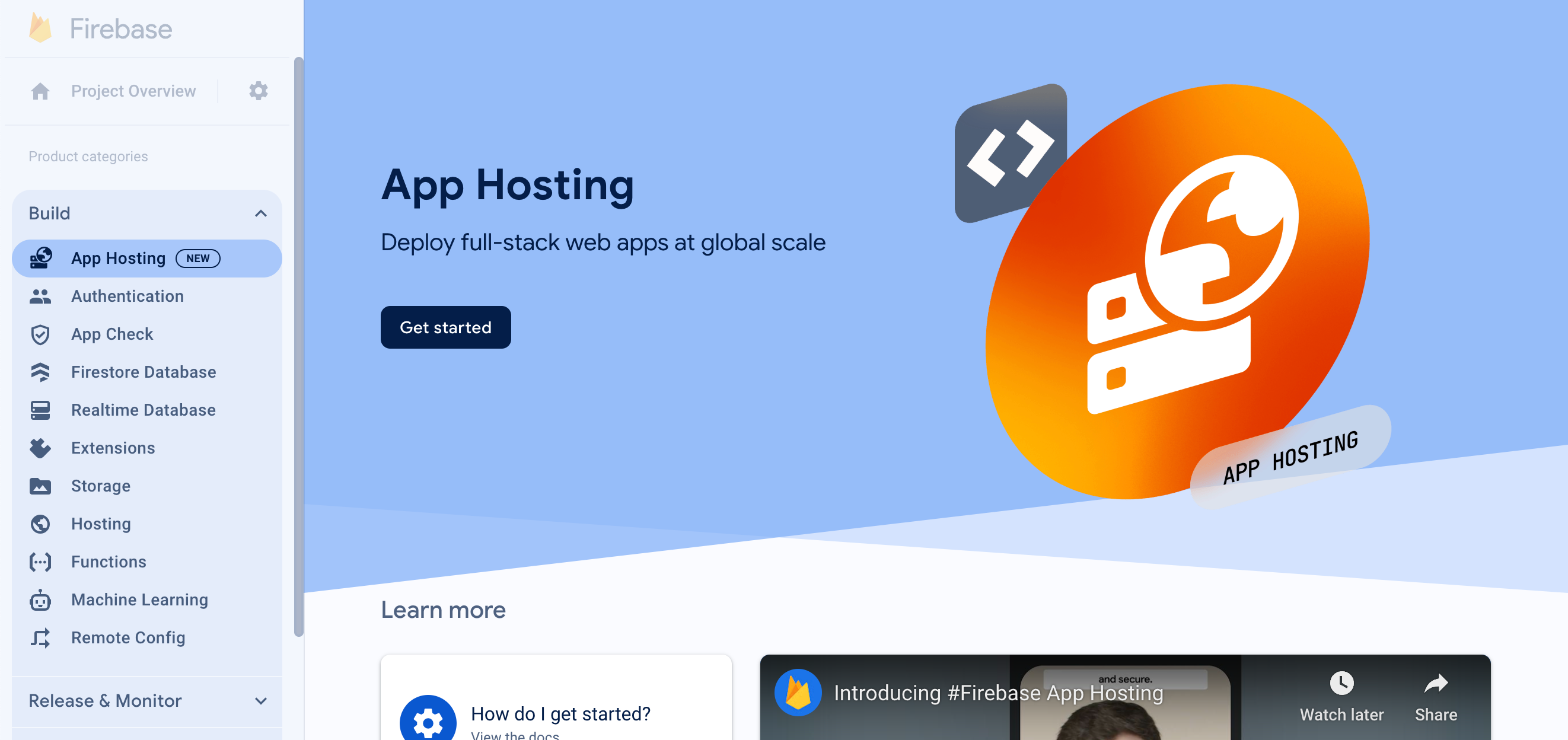 The zero state of the App Hosting console, with a 'Get Started' button