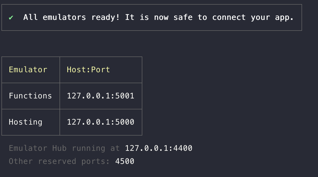 Terminal que muestra que el emulador de hosting está listo