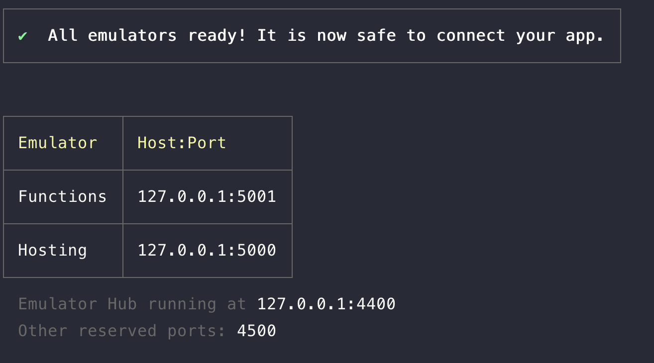 Terminal mostrando que o Hosting Emulator está pronto