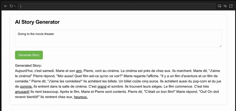 Animated gif of the AI Story Generator creating a story in French with words underlined