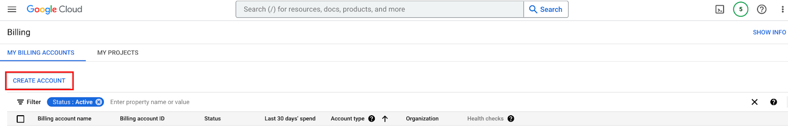 使用 Google Cloud 控制台启用结算账号