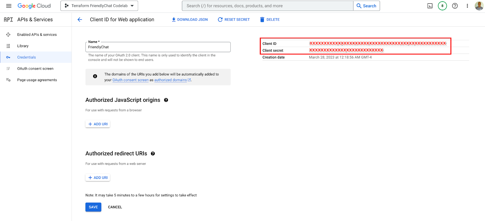 Google Cloud 콘솔 사용자 인증 정보 페이지에서 OAuth2 클라이언트 ID 및 보안 비밀 가져오기