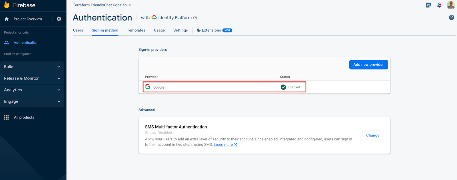 Página de autenticación de Firebase console: Acceso con Google habilitado