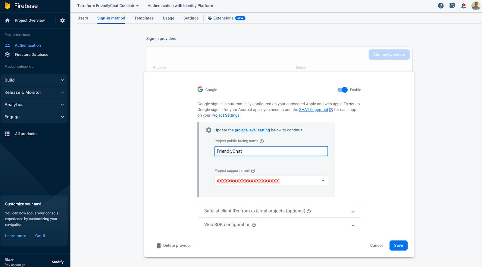 Configura Firebase Auth en Firebase console