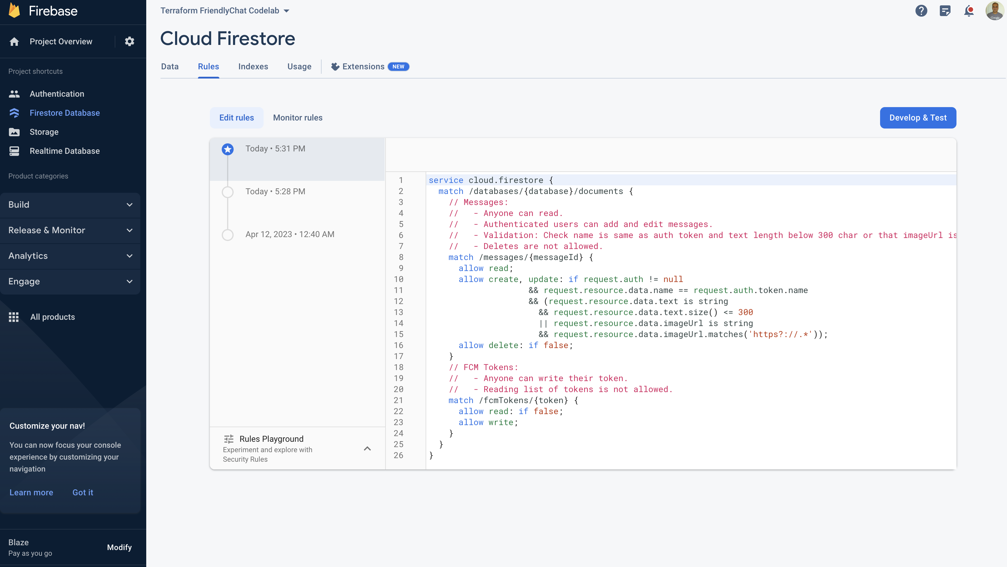 Verifica las reglas de Cloud Firestore con Firebase console