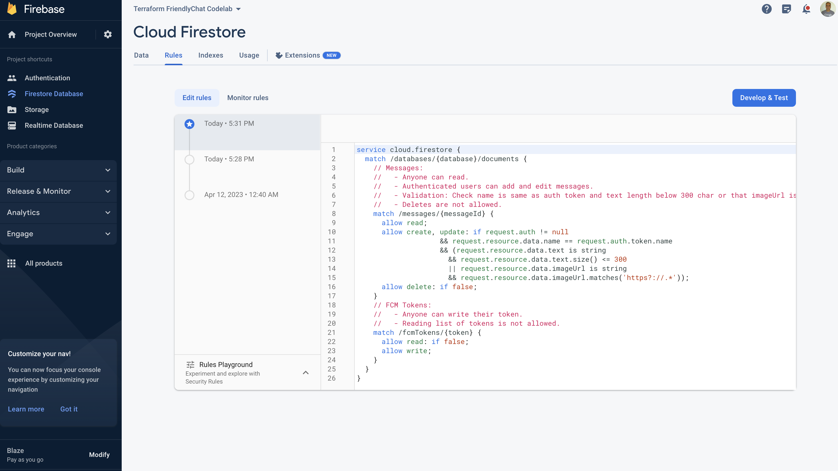 Firebase Console을 사용하여 Cloud Firestore 규칙 확인