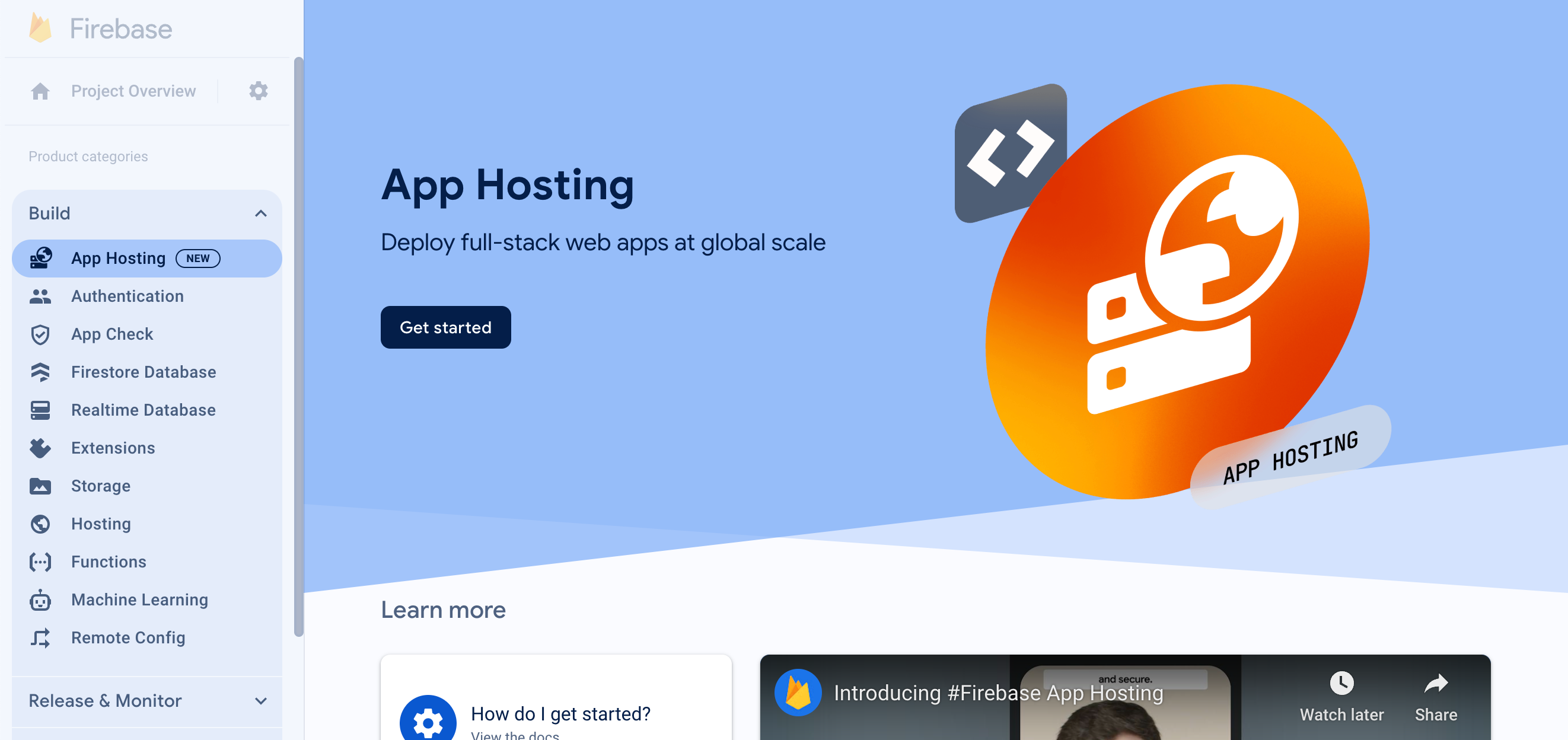 '시작하기' 버튼이 있는 App Hosting 콘솔의 초기 상태