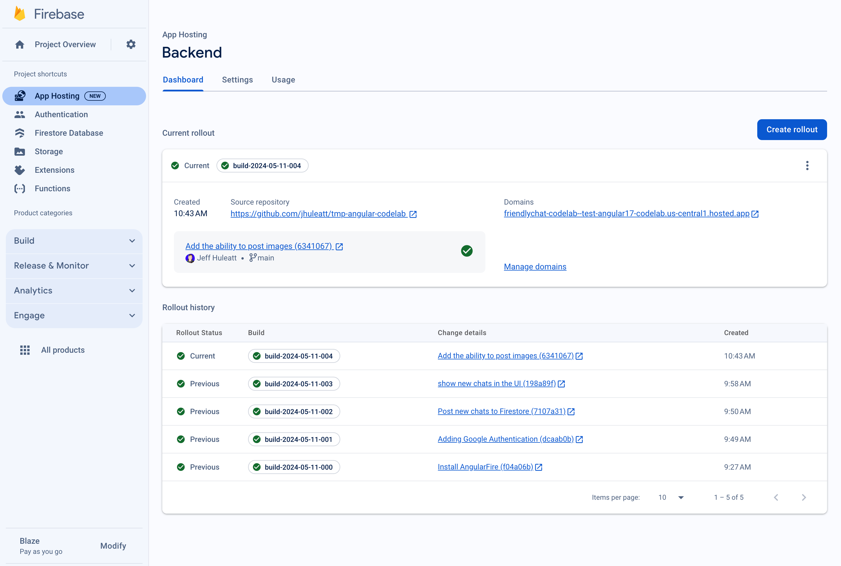 App Hosting コンソールのゼロ状態。[使ってみる] ボタンが表示されている