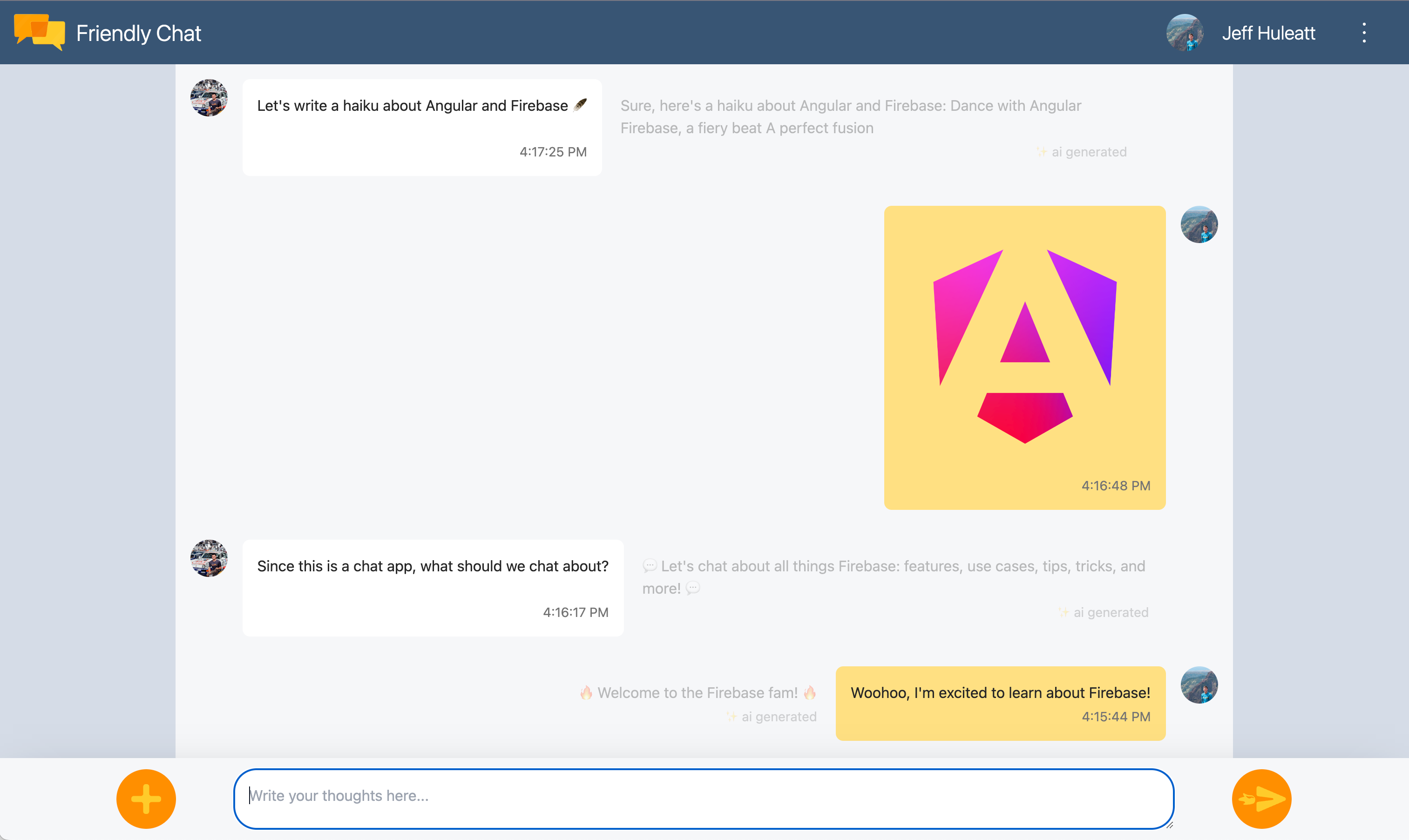 एक चैट ऐप्लिकेशन, जहां उपयोगकर्ता Firebase के बारे में चर्चा कर रहे हैं
