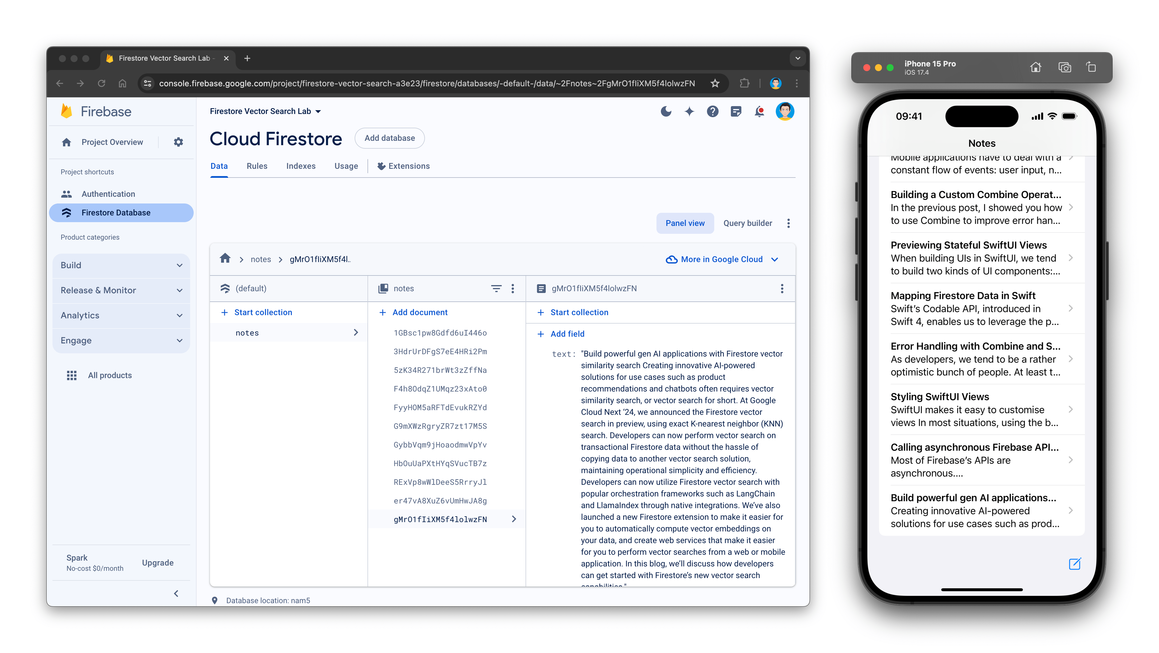 La consola de Cloud Firestore, que muestra algunos documentos, junto con el simulador de iOS, que muestra los mismos documentos