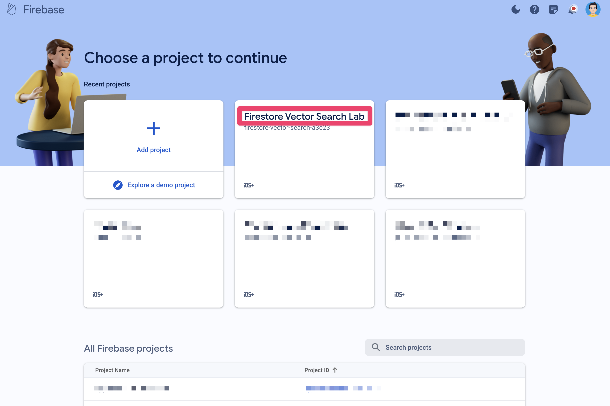 Firebase प्रोजेक्ट सिलेक्टर वाली स्क्रीन