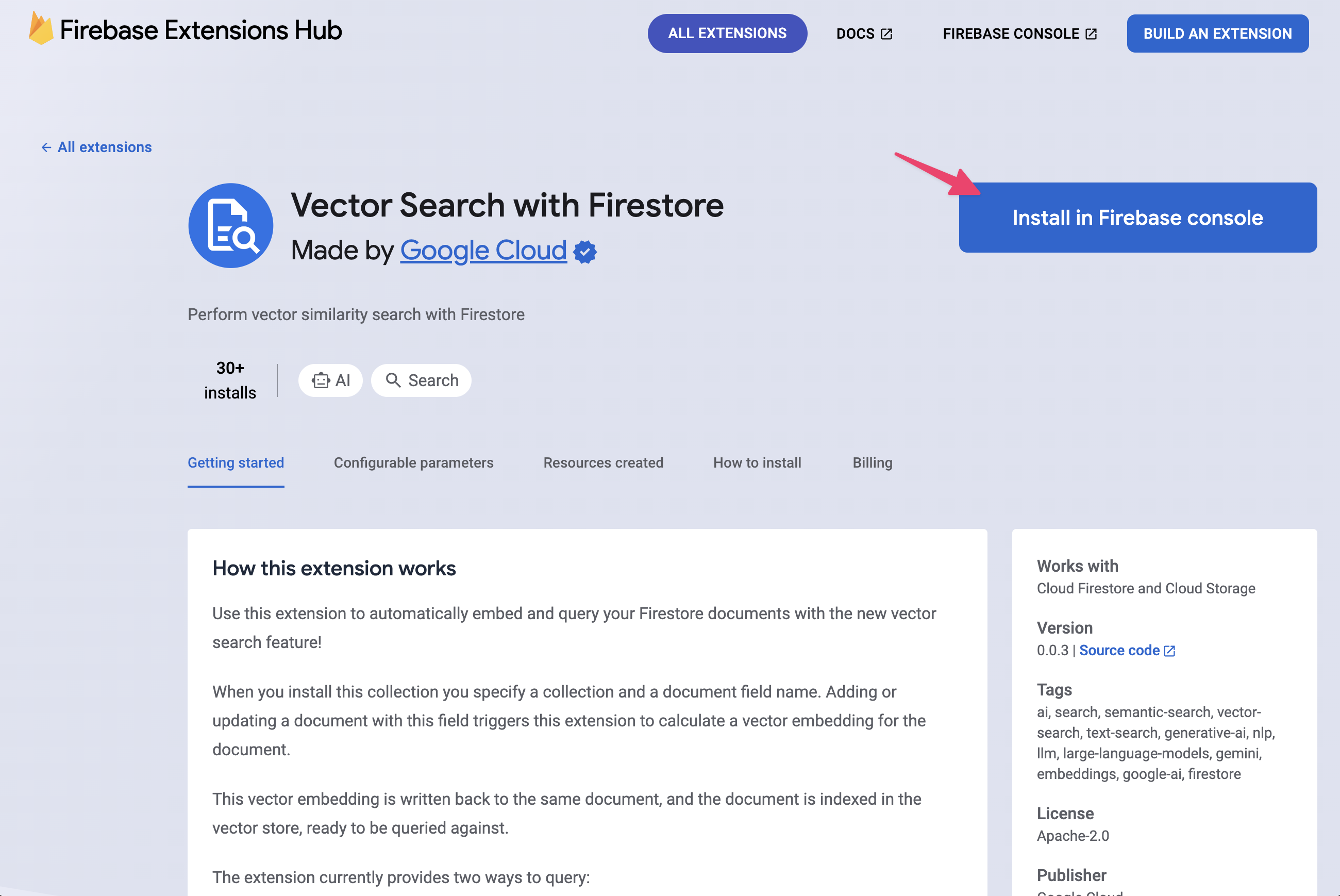 Кнопка установки расширения Vector Search with Firestore