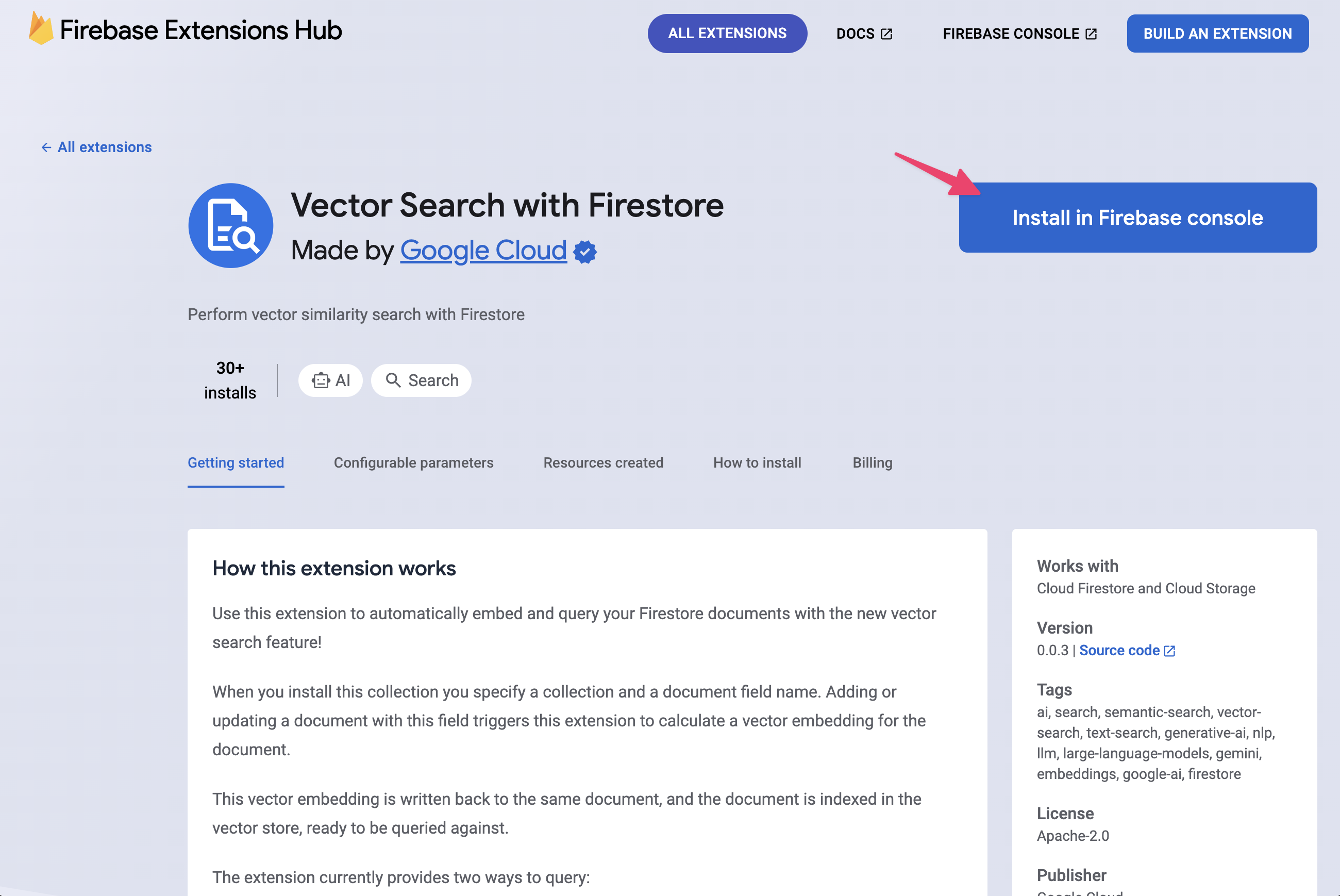 ปุ่มติดตั้งสำหรับ Vector Search ที่มีส่วนขยาย Firestore