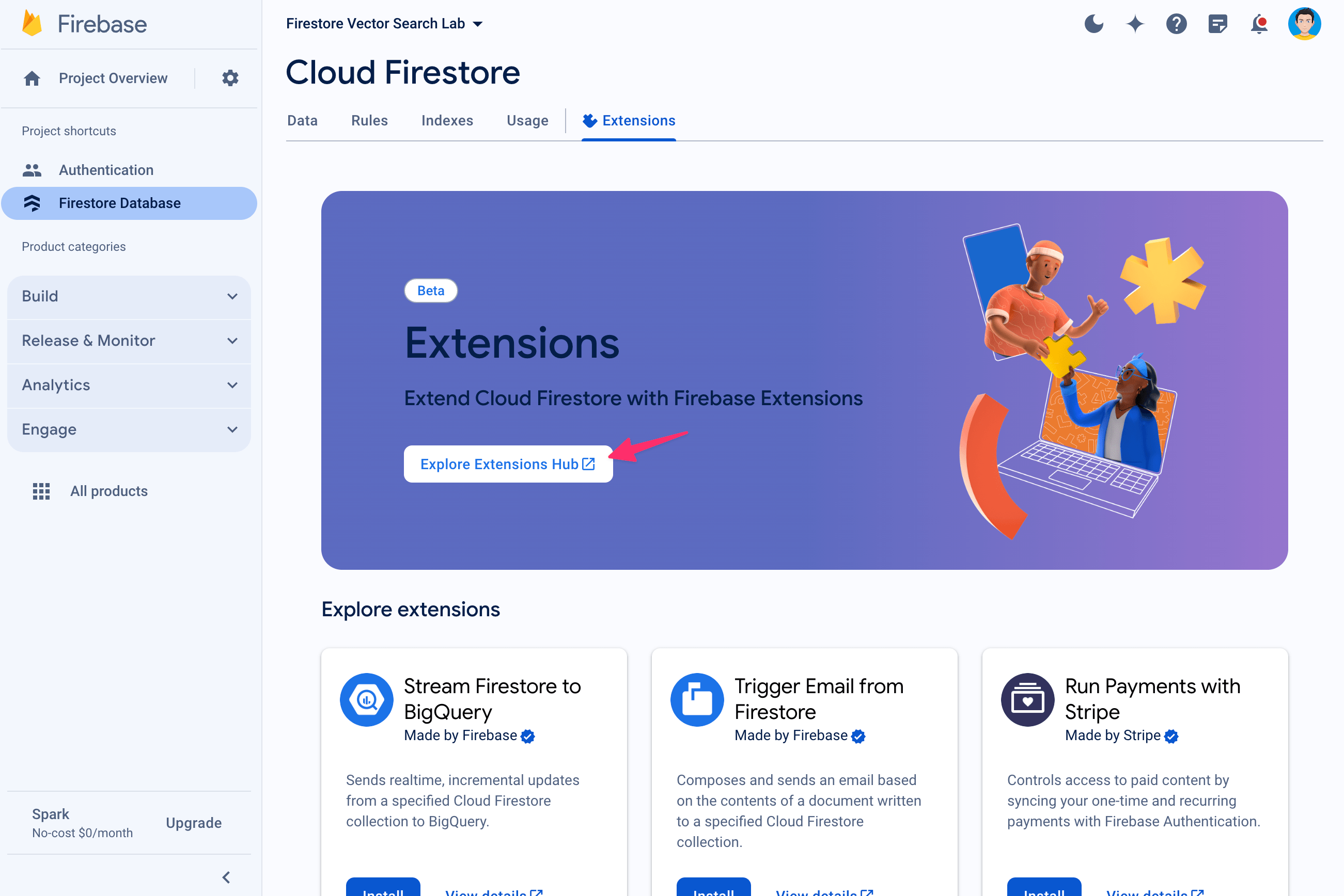 Firestore कंसोल में Firebase एक्सटेंशन टैब