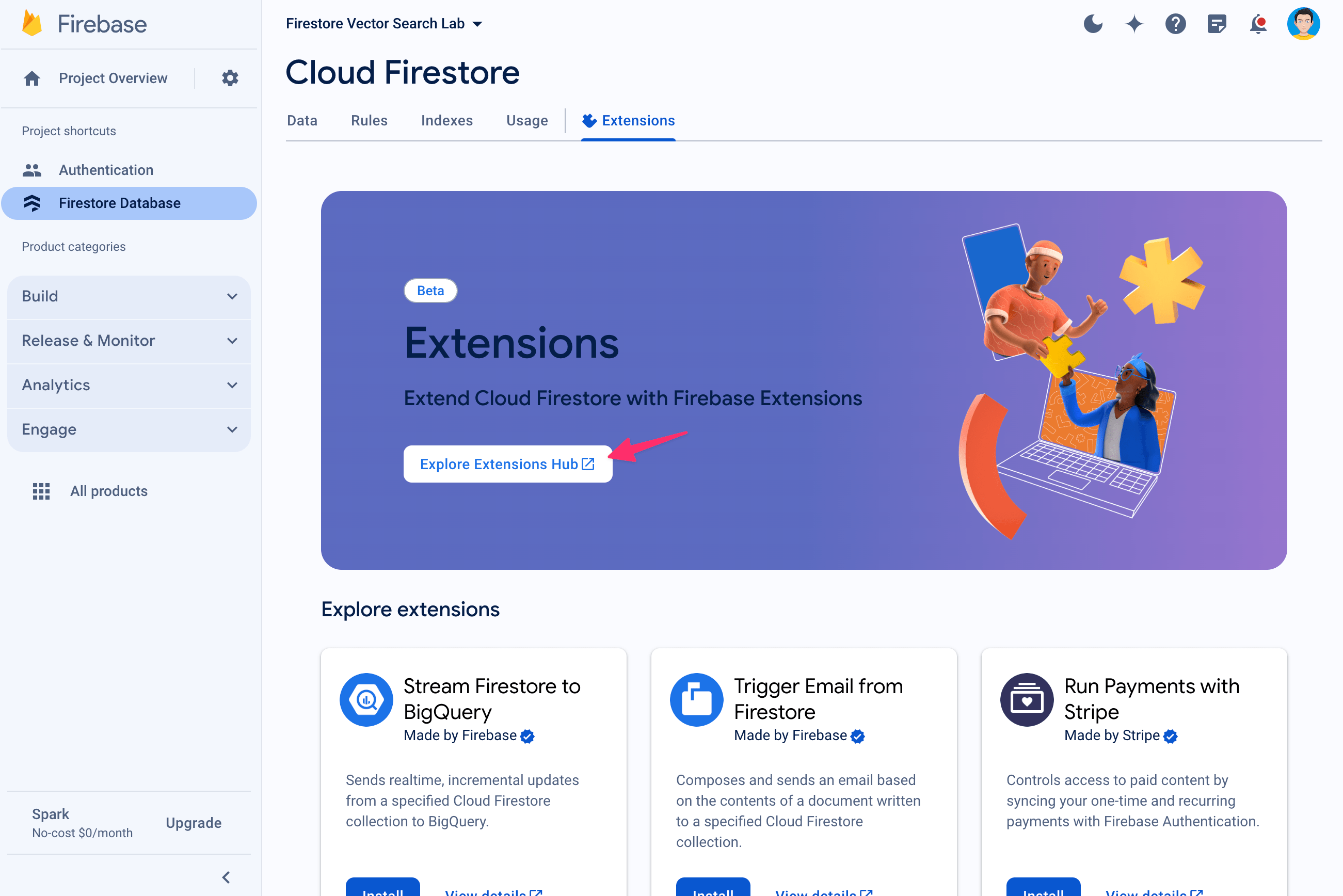 Вкладка «Расширения Firebase» в консоли Firestore.