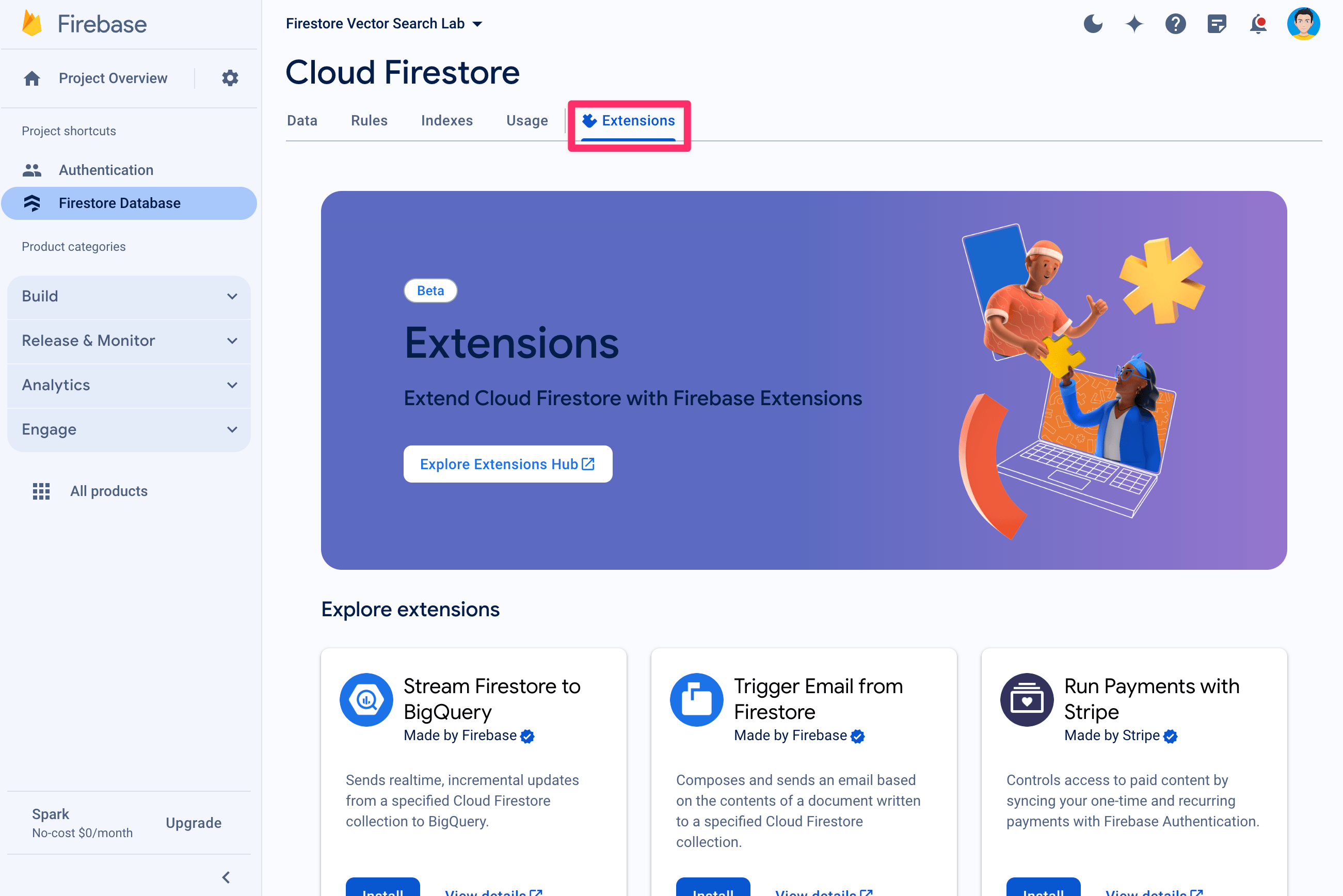 Firestore कंसोल में Firebase एक्सटेंशन टैब चुनना