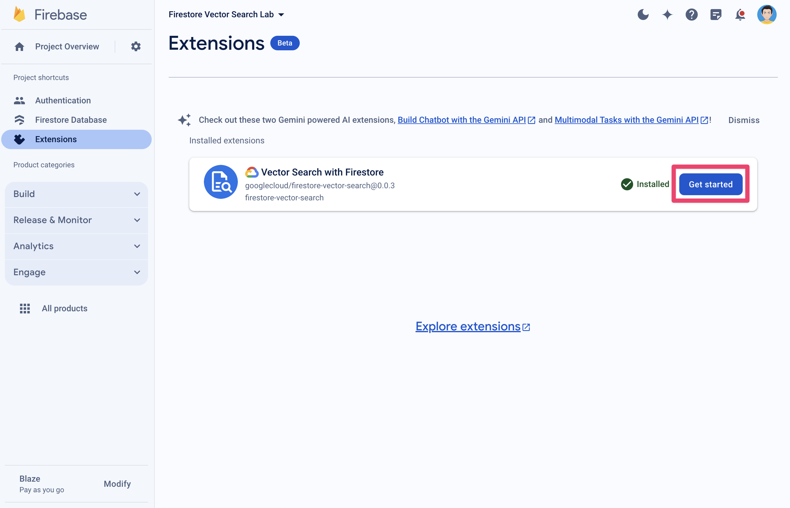 The Firebase Extension overview page in the Firebase console