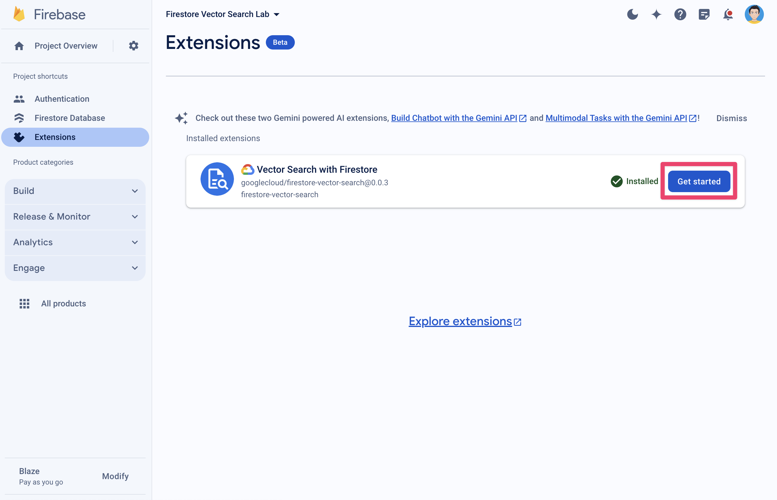 Page &quot;Vue d&#39;ensemble de l&#39;extension Firebase&quot; dans la console Firebase