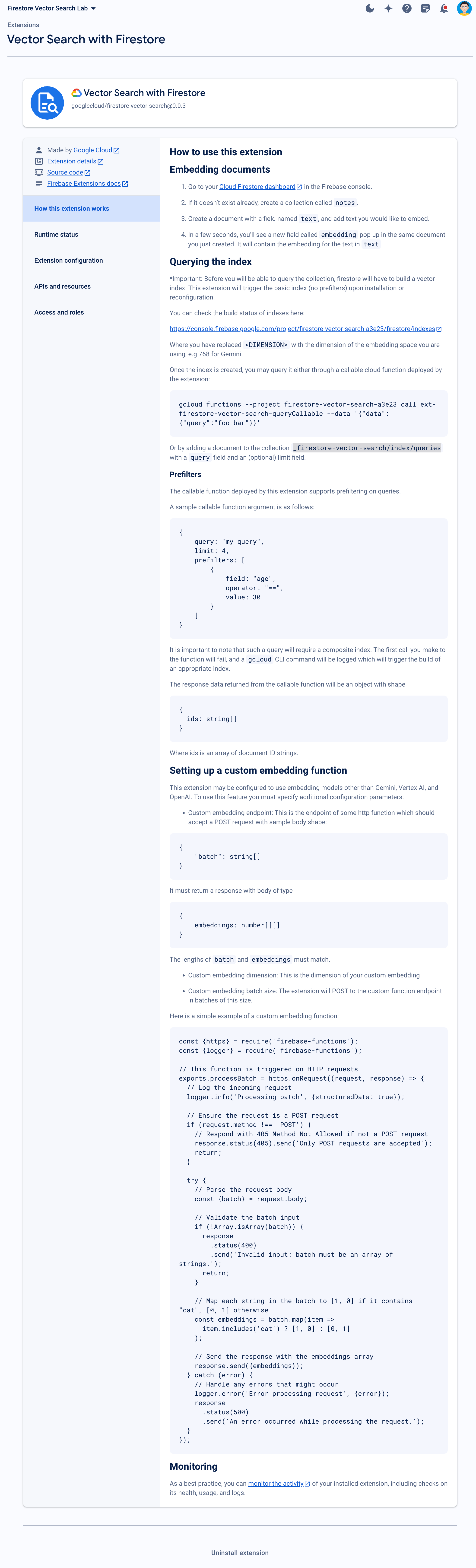 The documentation for the Vector Search with Firestore extension