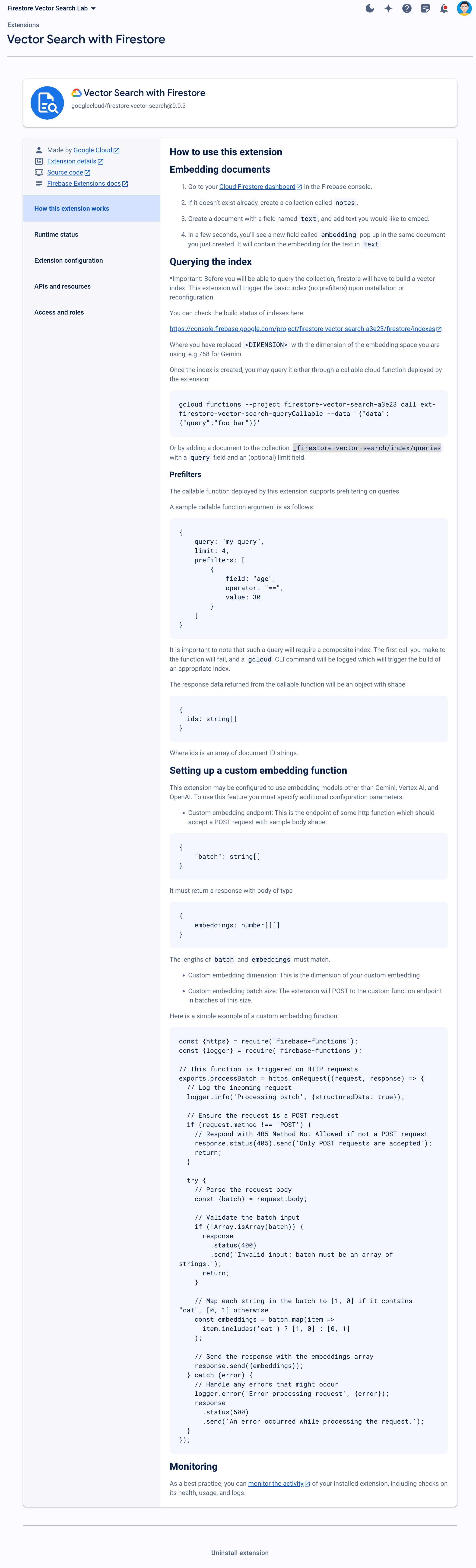 เอกสารประกอบสำหรับส่วนขยาย Vector Search ด้วย Firestore