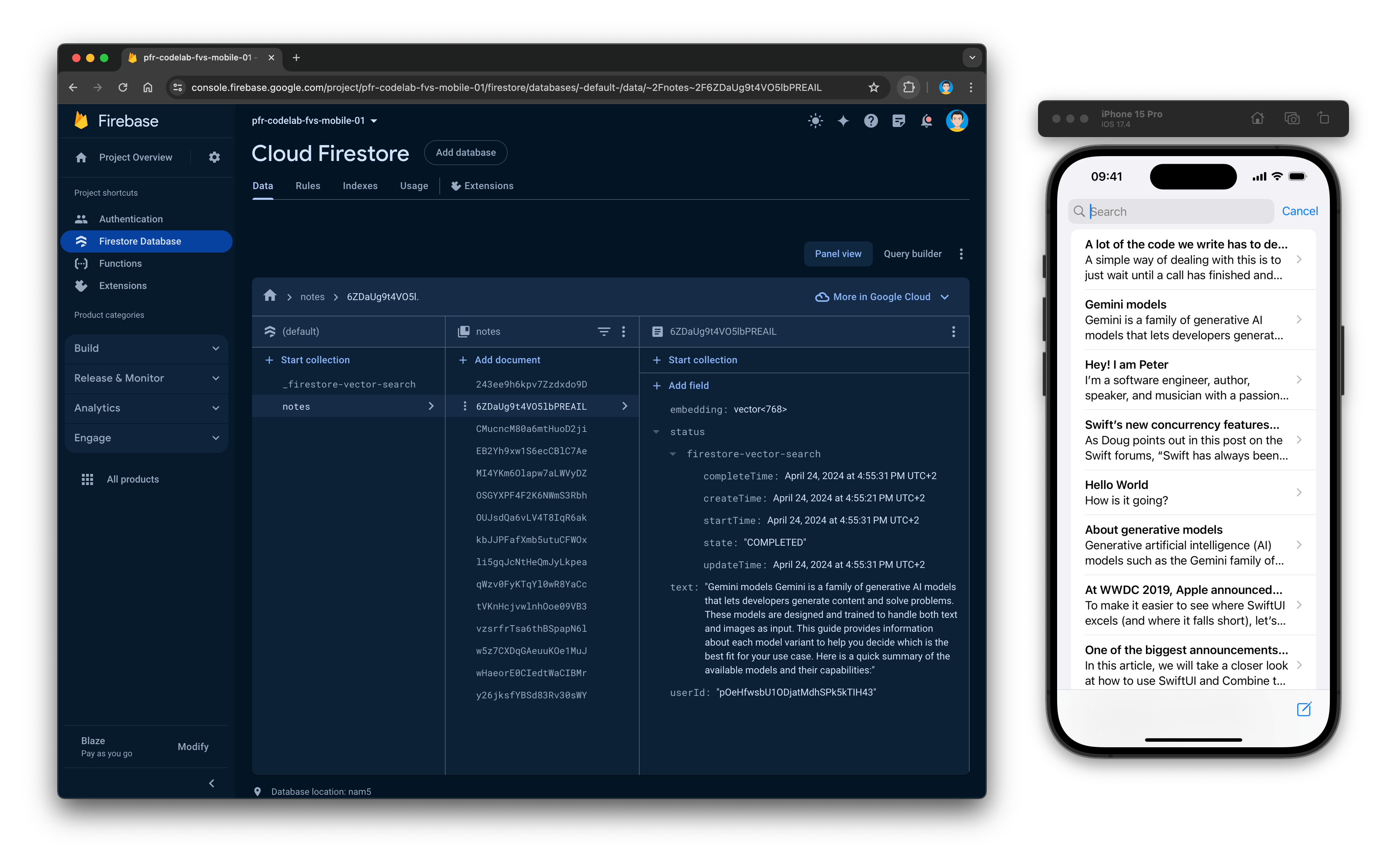 Console do Cloud Firestore mostrando alguns documentos, que também estão visíveis no app iOS no lado direito.