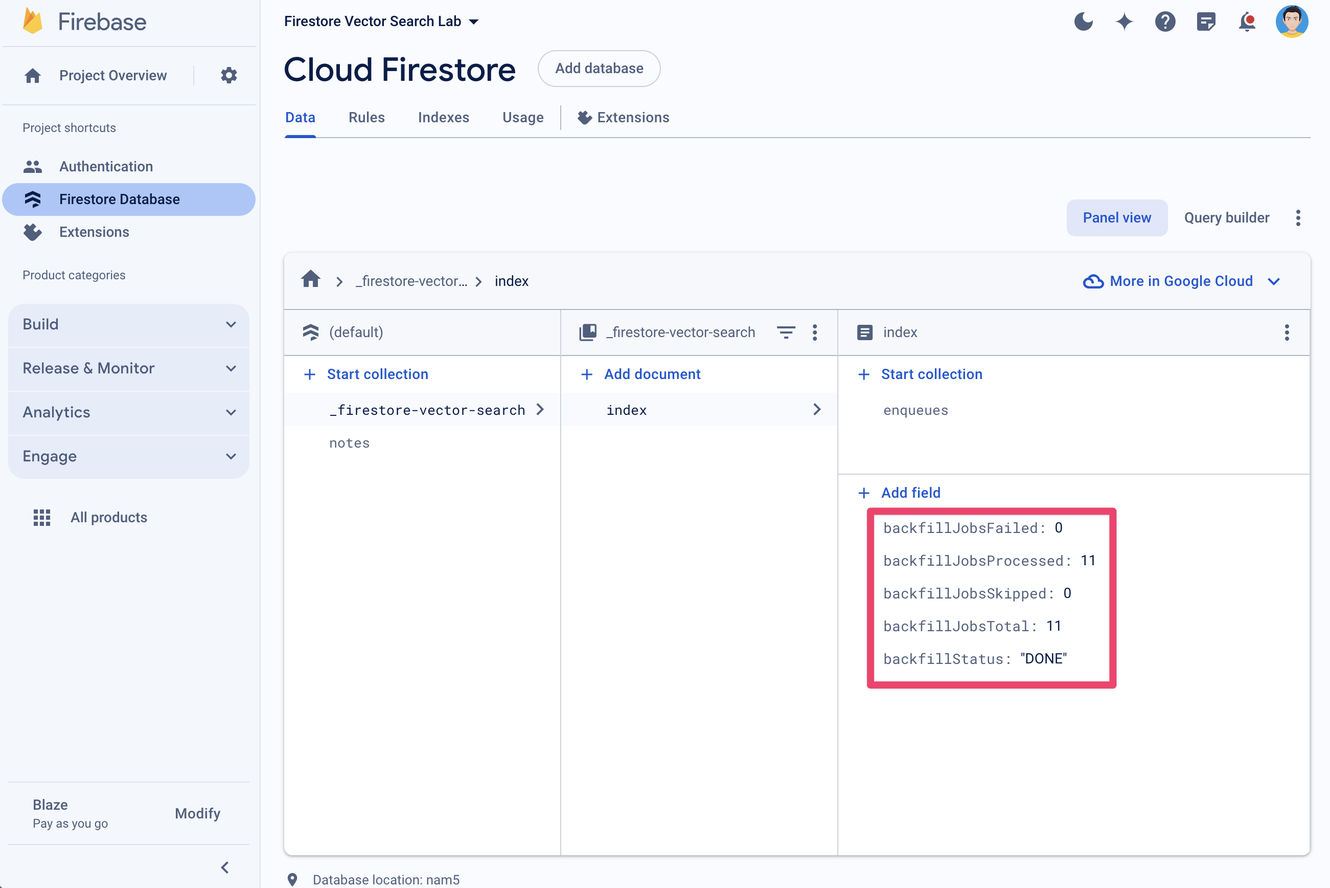 The index configuration inside the Firestore console