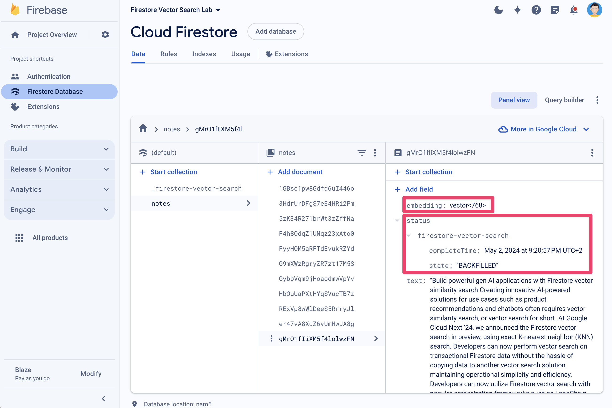 Un campo de incorporación de vectores dentro de la consola de Firestore