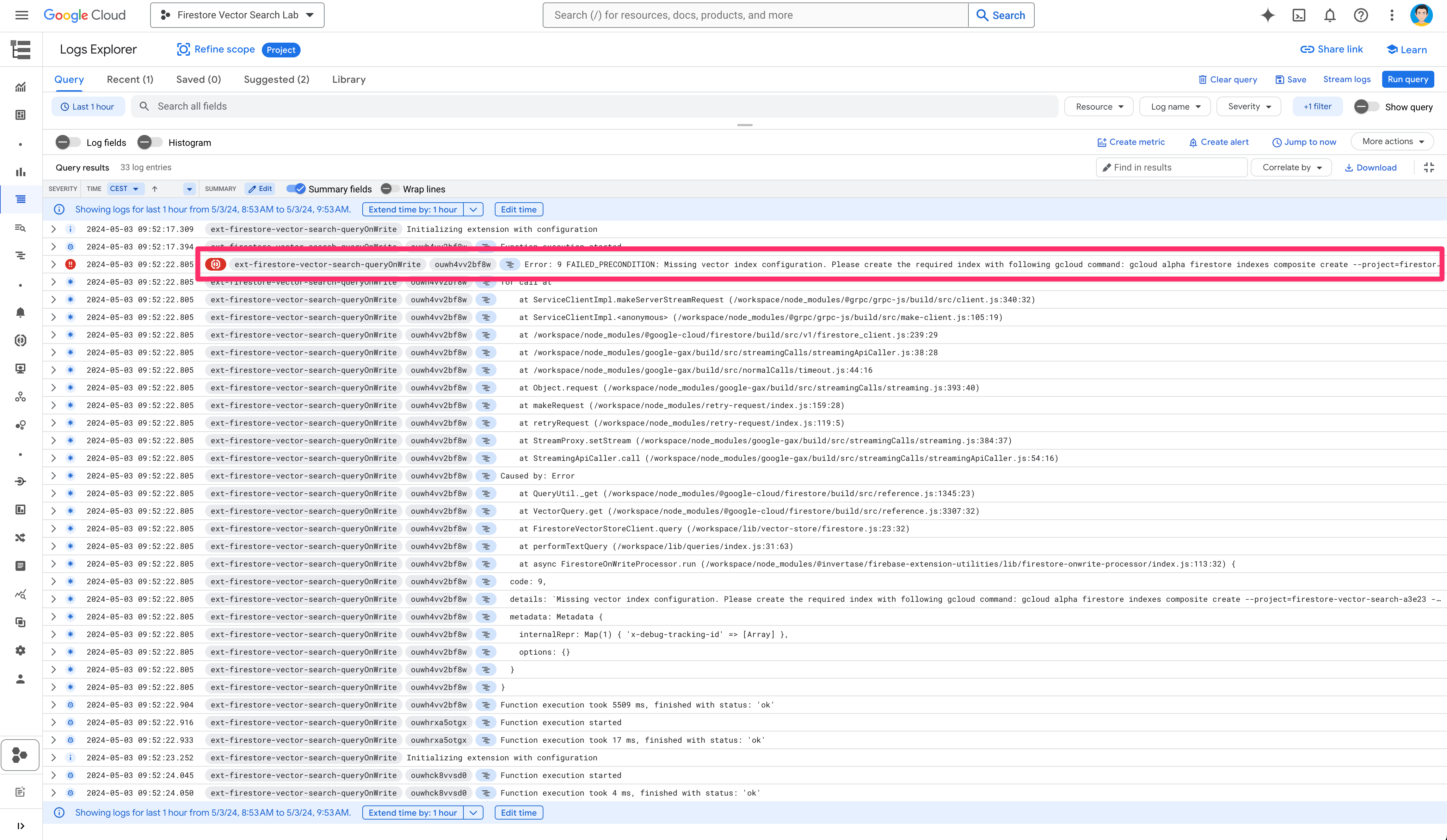 Messaggio di errore nello strumento di esplorazione dei log