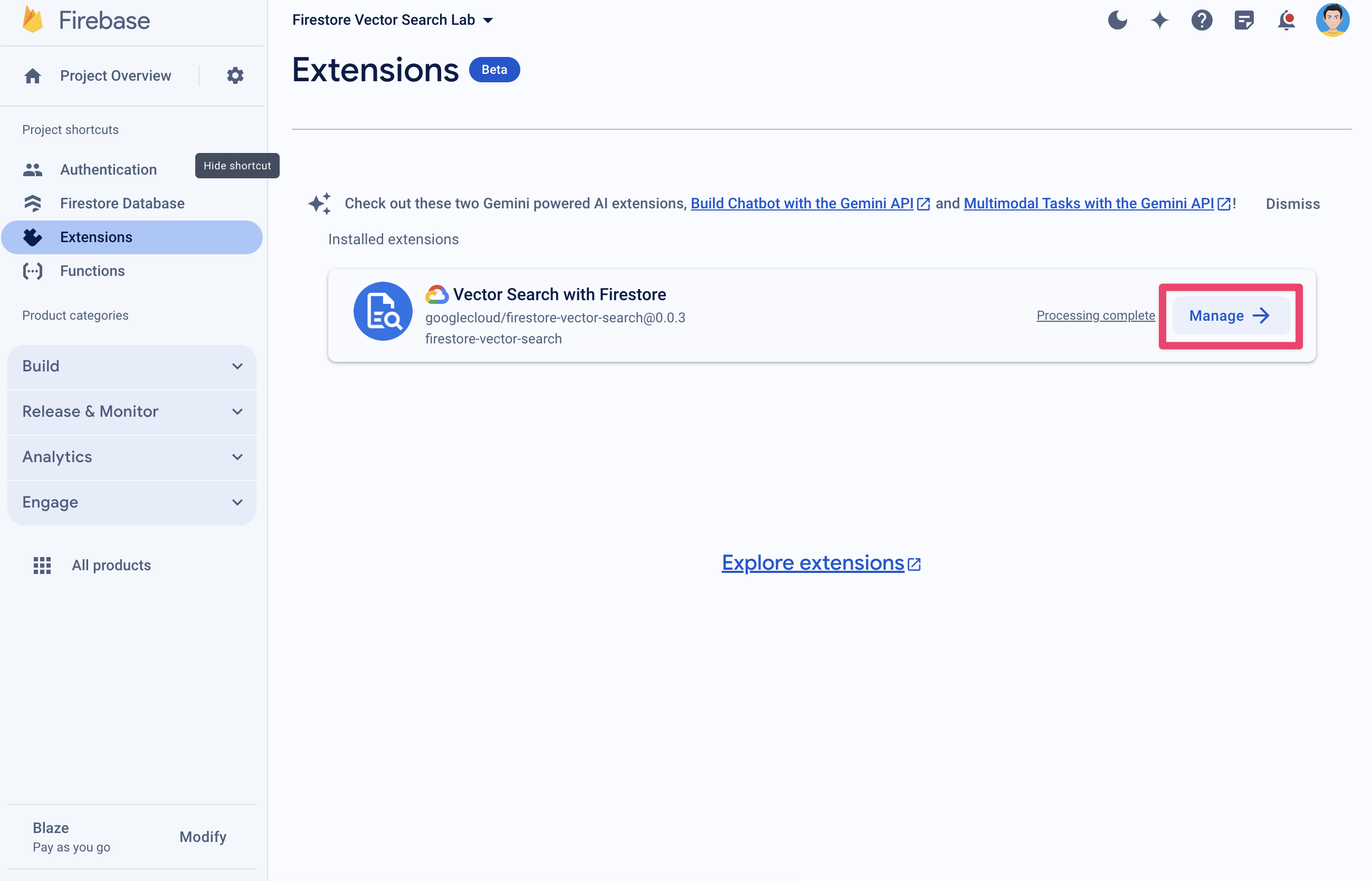 การจัดการส่วนขยายการค้นหาเวกเตอร์ด้วย Firestore