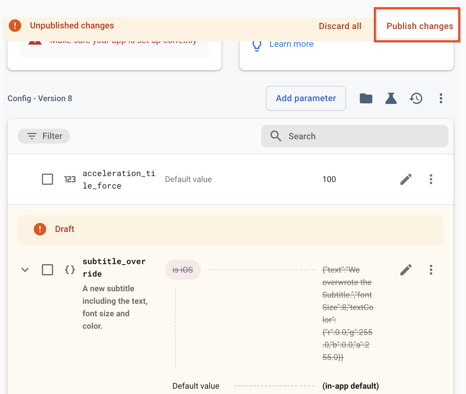 Publish\nchanges option on the Remote Config page