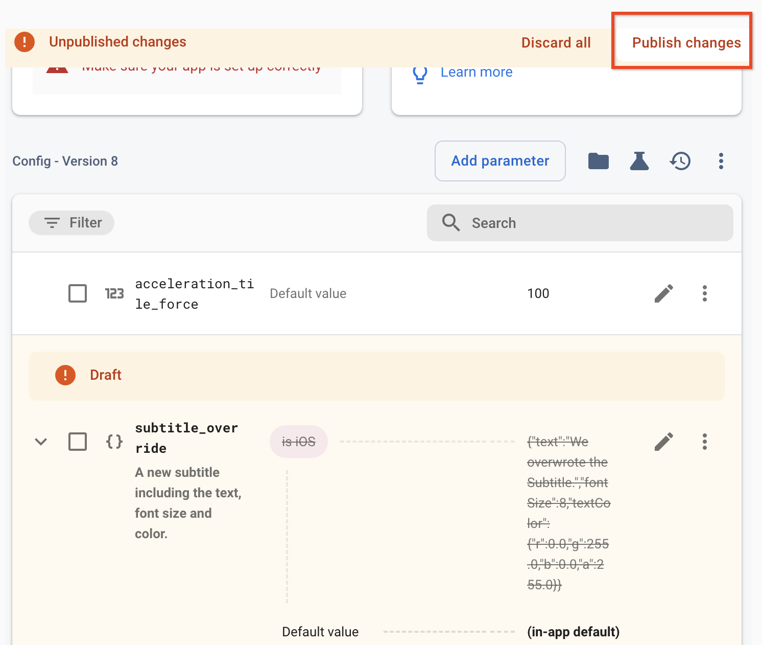 Remote Config Publish\nChanges Publish\nchanges option on the Remote Config page