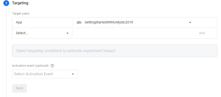 A/B Testing targeting conditions The Targeting step of an A/B Testing\nconfiguration, with an app selected