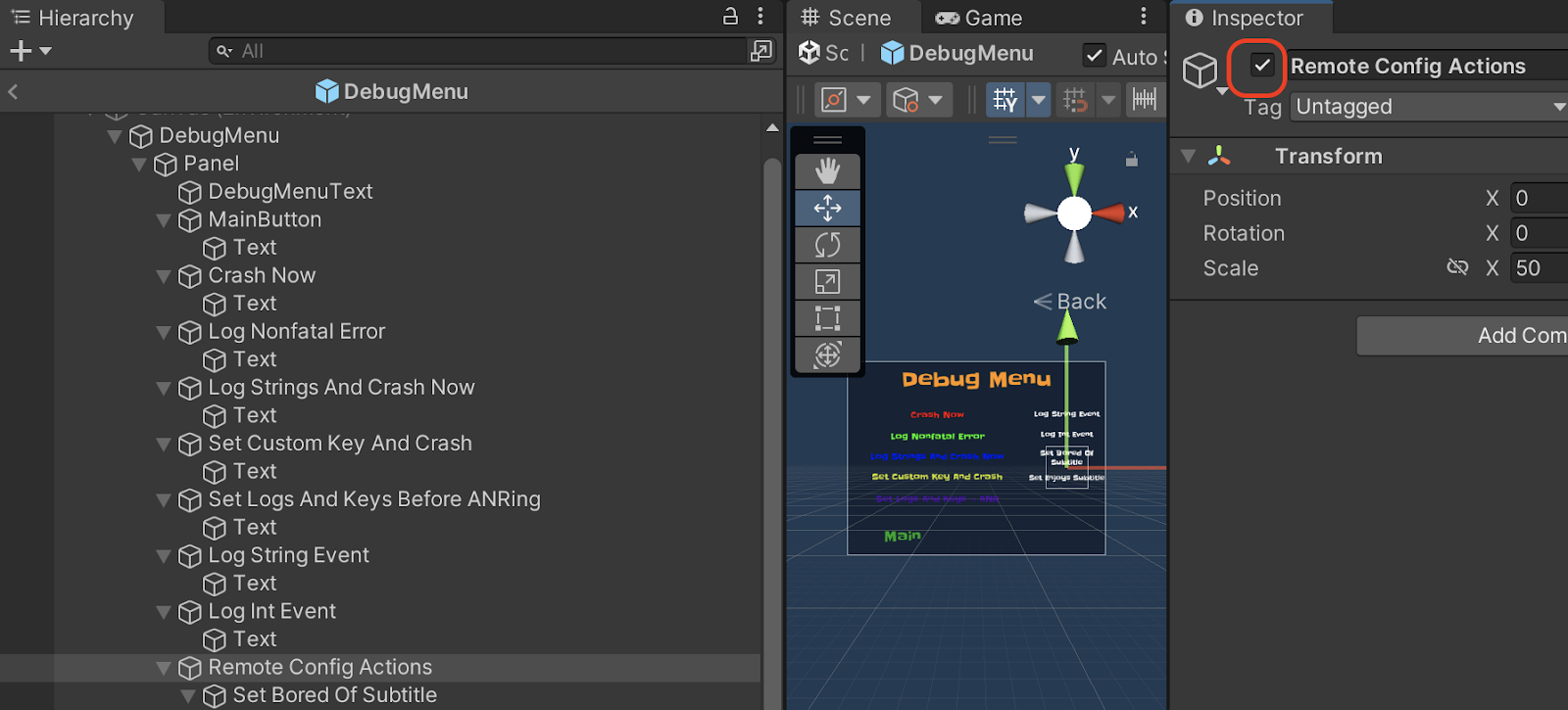 Unity editor with Remote Config\nActions enabled Unity editor with Remote Config\nActions enabled under DebugMenu, Panel