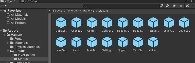 The Unity editor Project tab showing\nAssets. Hamster, Prefabs, Menus