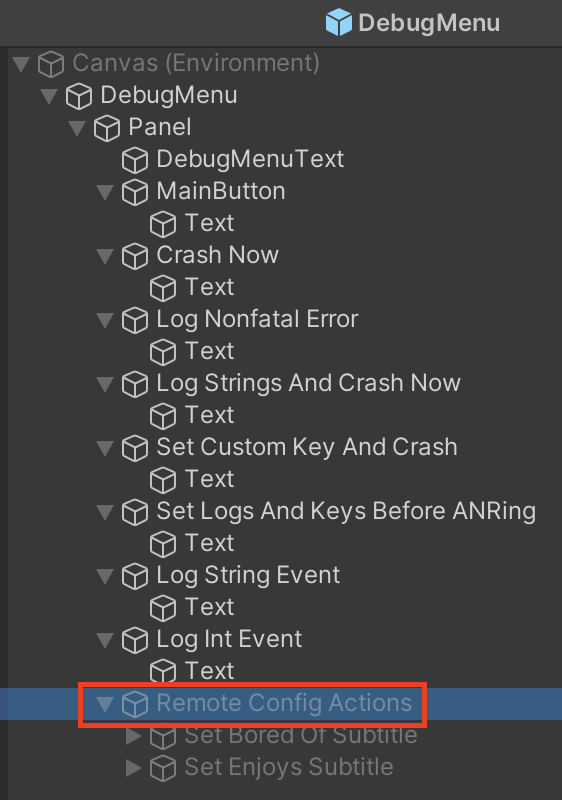 Unity editor DebugMenu Canvas Remote Config Actions nested under\nCanvas, DebugMenu