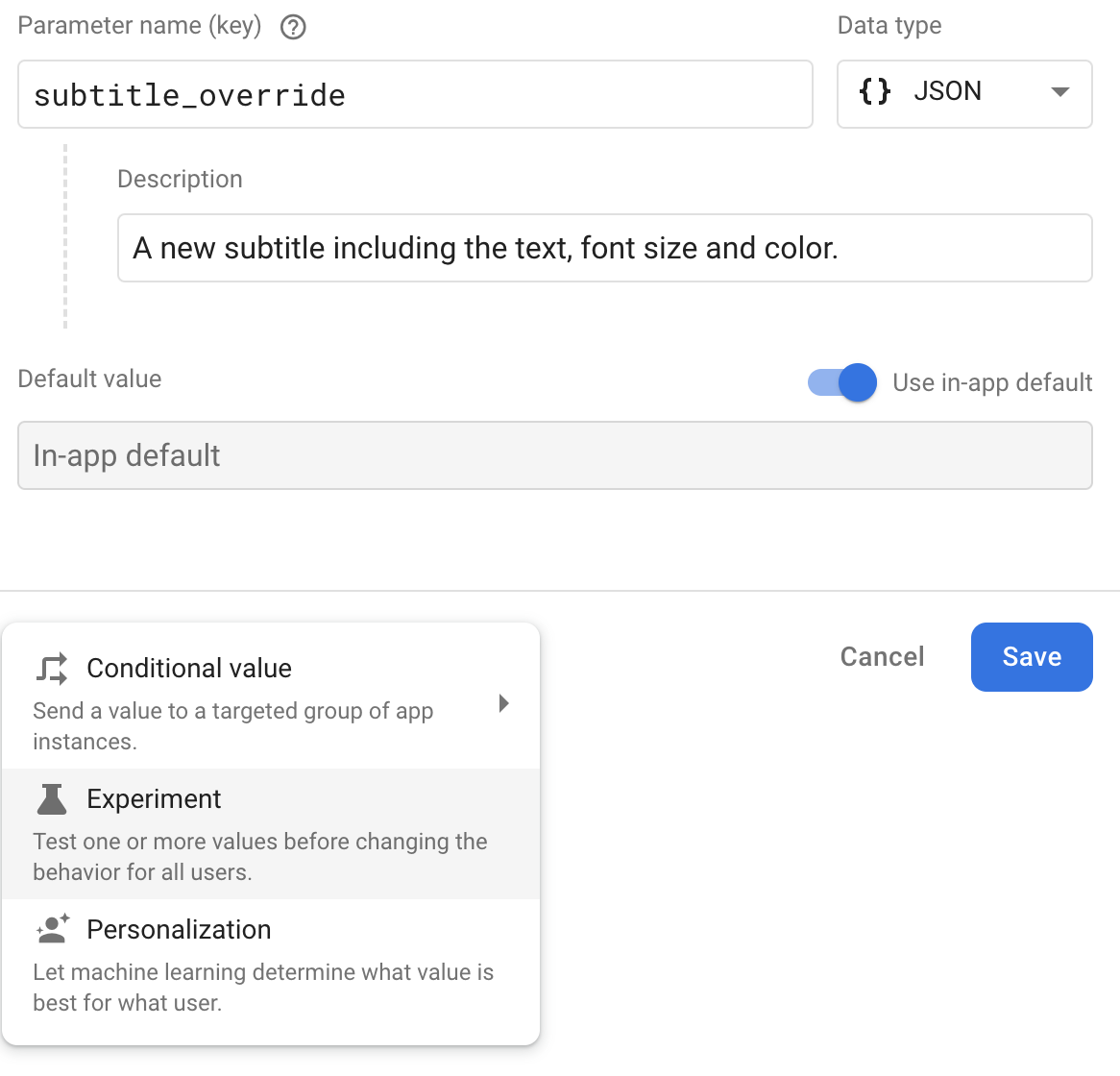 Remote Config parameter page: Add new experiment Remote Config parameter page: Add new\nexperiment