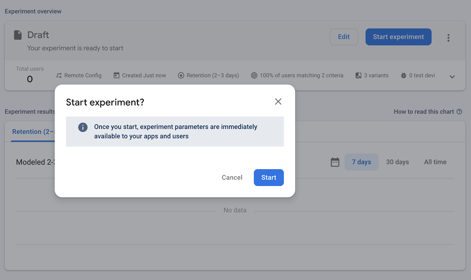 Experiment start dialog Click Start to start the\nexperiment