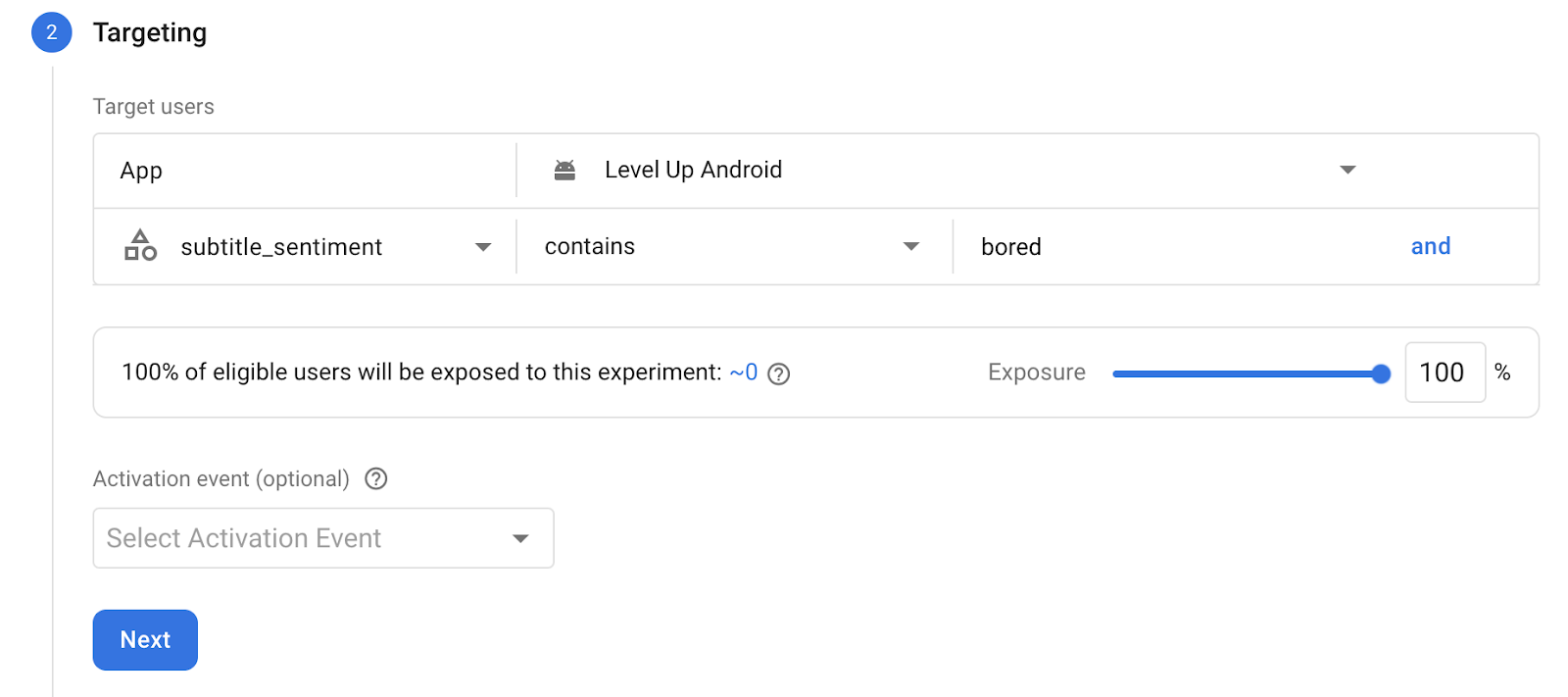 A/B Testing Targeting section A/B Testing Targeting section with\nsubtitle_sentiment selected