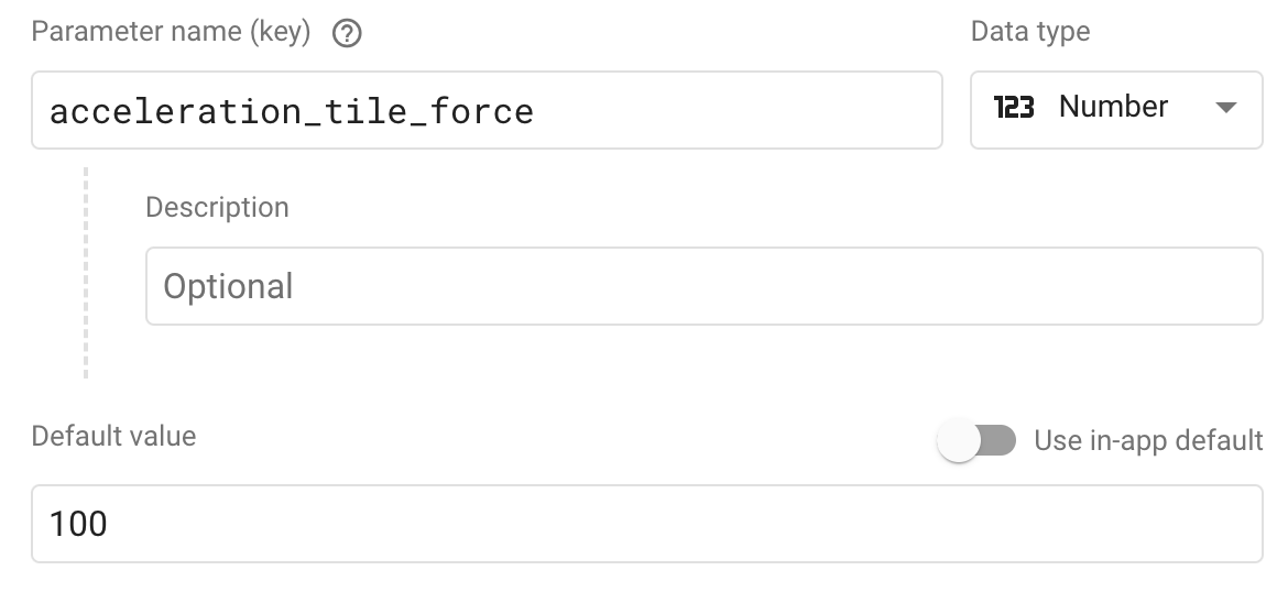 Remote Config Parameter editor with\nacceleration_tile_force populated