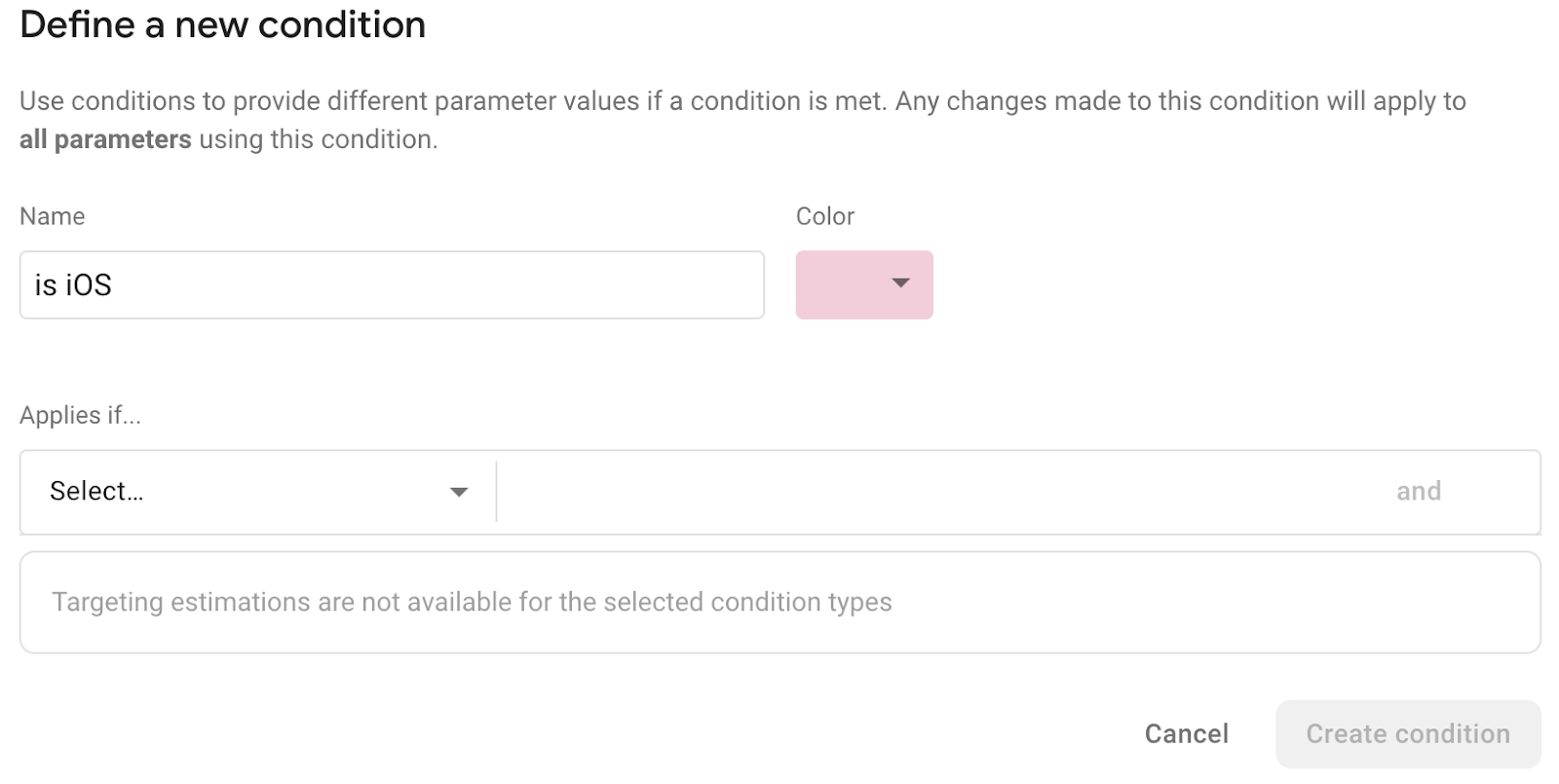 Remote Config condition\neditor Using the Define a new condition\ndialog to define an iOS-specific condition