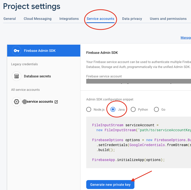 プロジェクト設定ページのサービス アカウント コンポーネントの Admin SDK 構成スニペットをハイライト表示したスクリーンショット（切り抜き）
