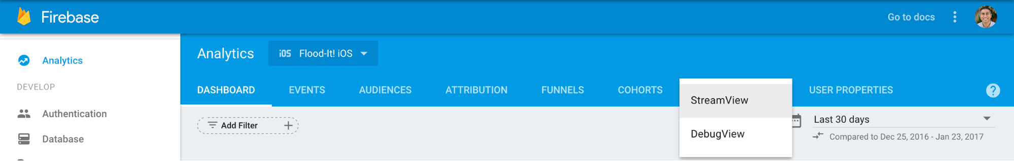 Rufen Sie DebugView auf, indem Sie in der oberen Navigationsleiste neben StreamView auf den Pfeil klicken.