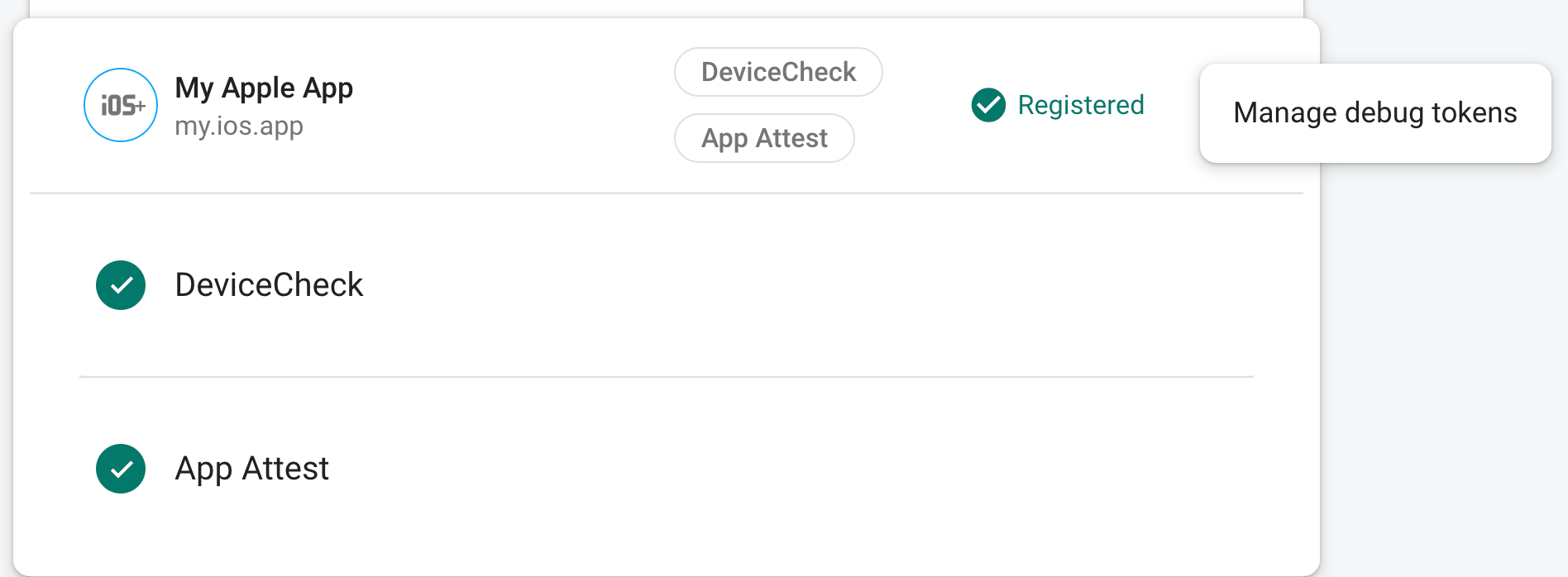Screenshot of the Manage Debug Tokens menu item in the Firebase console