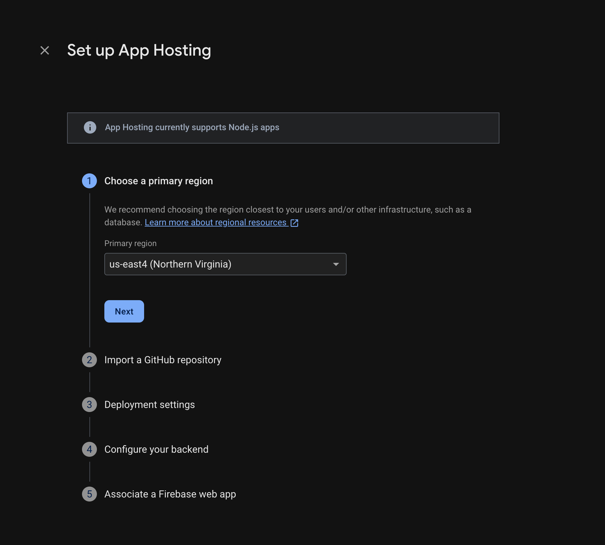 Screenshot der Backend-Einrichtung für App Hosting.