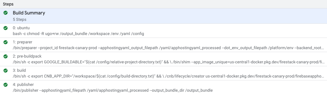 Cloud Build ステップの Google Cloud コンソール ビューのスクリーン キャプチャ